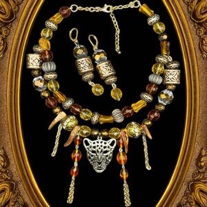 Handmade Upcycled Necklace & Earrings Set with Vintage Beads Leopard Charm